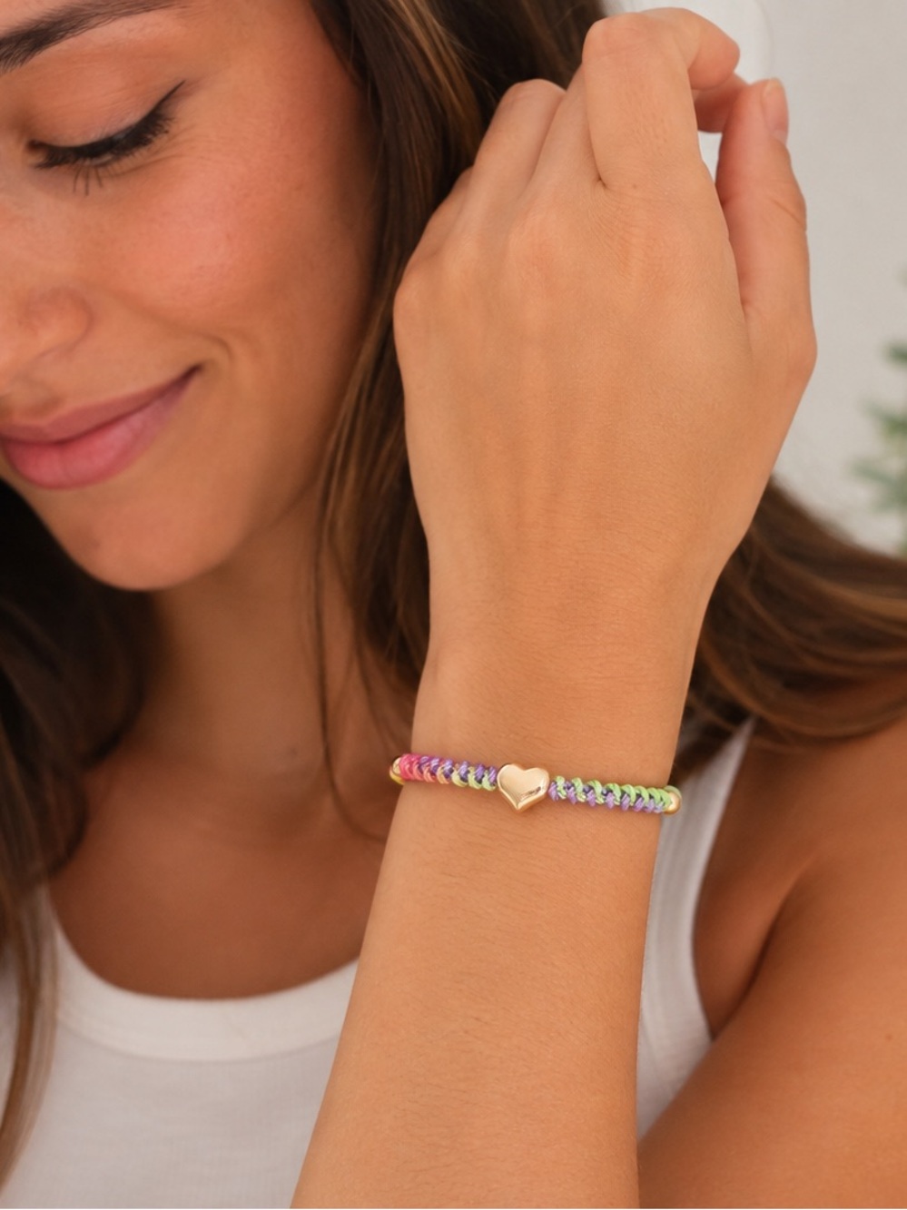 Handmade Pastel Multicolor Macrame Stainless Steel Puffed Heart Bracelet Cottage